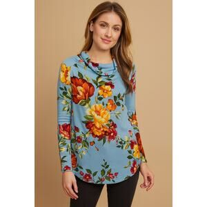 Lock & Love Floral Cowl Neck Top Blue Multicolor Long Sleeve Size M